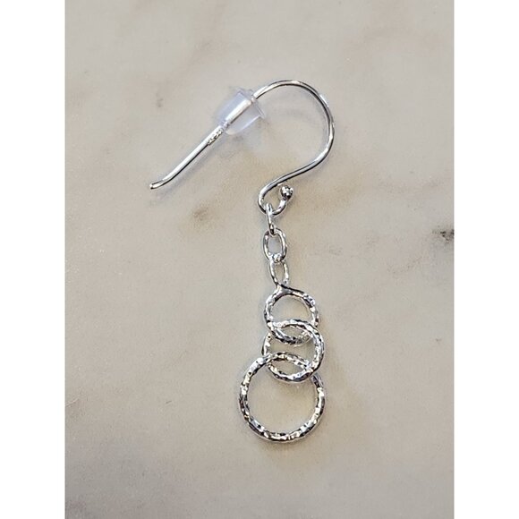 Sterling Silver Dangle Earrings With Hammered Triple Circle Design - Picture 3 of 4